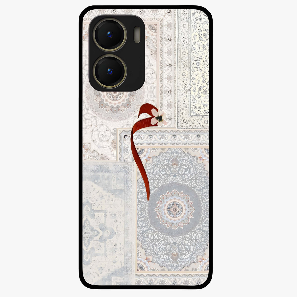 White Aesthetic Bow Glass Case showing flat back view with minimal bow artwork and glossy glass finish.