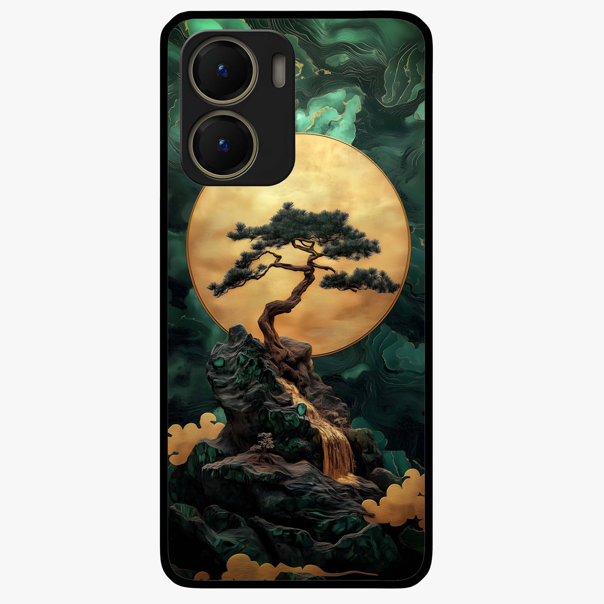 Zen Moon Rise Glass Case showing flat back view with calm moonrise artwork and glossy glass finish.