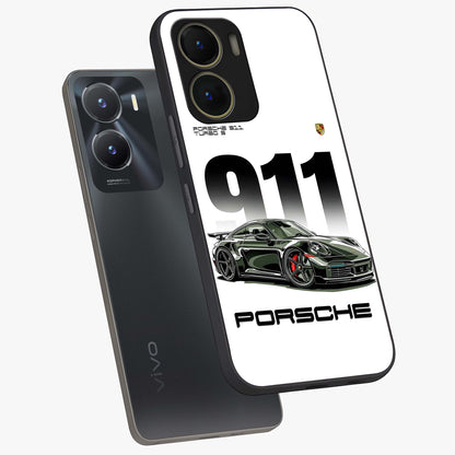 911 Turbo Dominance Glass Case displayed in premium angled mockup highlighting sporty car illustration and sleek glass surface.