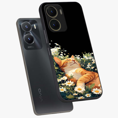 Blissful Bloom Cat Glass Case displayed in angled mockup highlighting playful feline illustration with soft floral aesthetic.