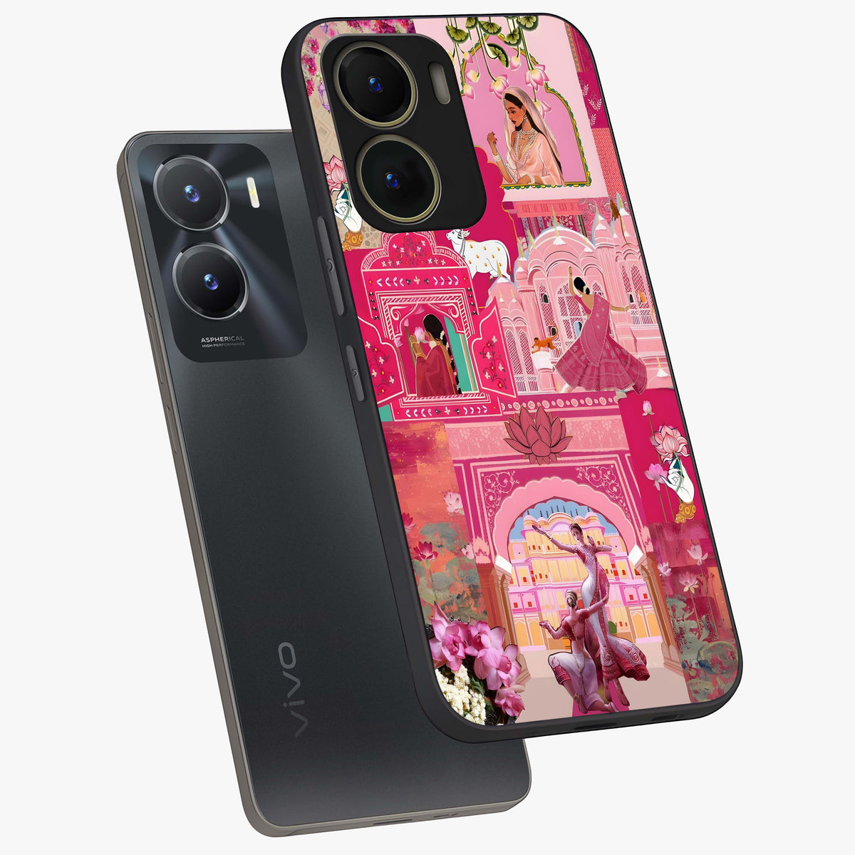 Blossoms of Rajasthan Glass Case displayed in angled mockup highlighting vibrant floral pattern with cultural aesthetic style.