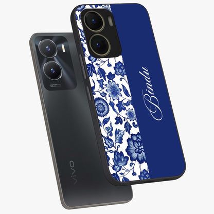 Blue Vintage Floral Pattern Glass Case displayed in angled mockup highlighting subtle bloom pattern with aesthetic pastel design.