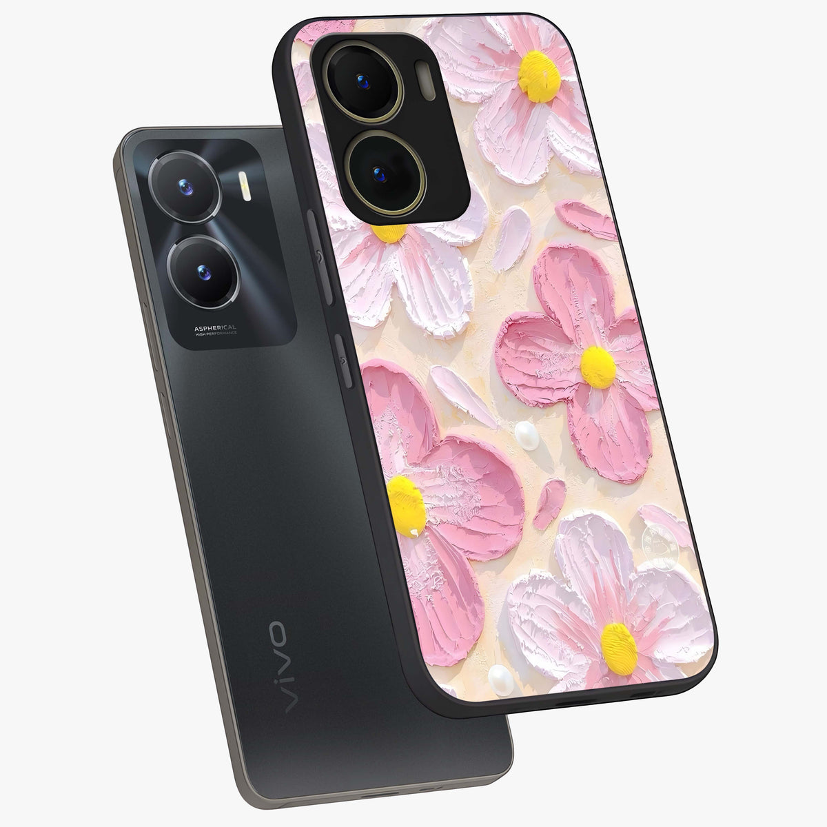 Blush Bloom Texture Glass Case displayed in angled mockup highlighting subtle bloom pattern with aesthetic pastel design.