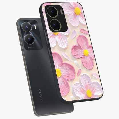 Blush Bloom Texture Glass Case displayed in angled mockup highlighting subtle bloom pattern with aesthetic pastel design.