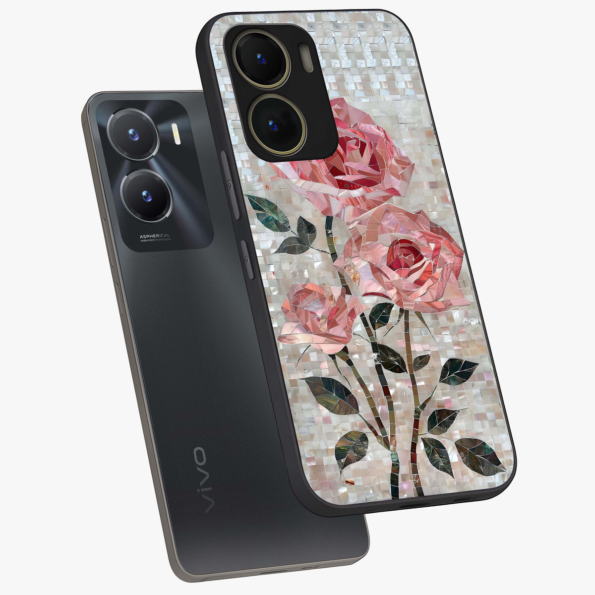 Blush Mosaic Bloom Glass Case displayed in angled mockup highlighting artistic mosaic flower pattern with aesthetic design.