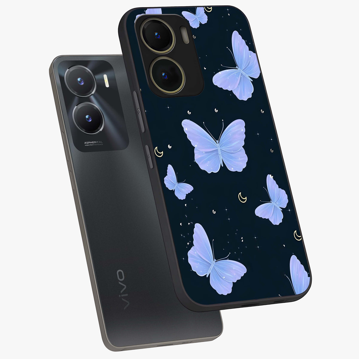 Butterfly With Stars Pattern Glass Case displayed in angled mockup highlighting dreamy butterfly and star design with aesthetic theme.