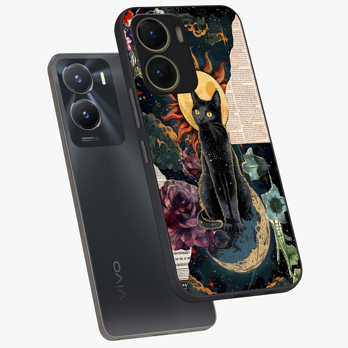 Celestial Black Cat Glass Case displayed in angled mockup highlighting cosmic black cat design with celestial aesthetic.