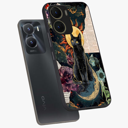 Celestial Black Cat Glass Case displayed in angled mockup highlighting cosmic black cat design with celestial aesthetic.