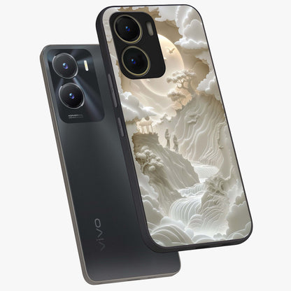 Celestial Origami Glass Case displayed in angled mockup highlighting geometric origami design with cosmic aesthetic theme.