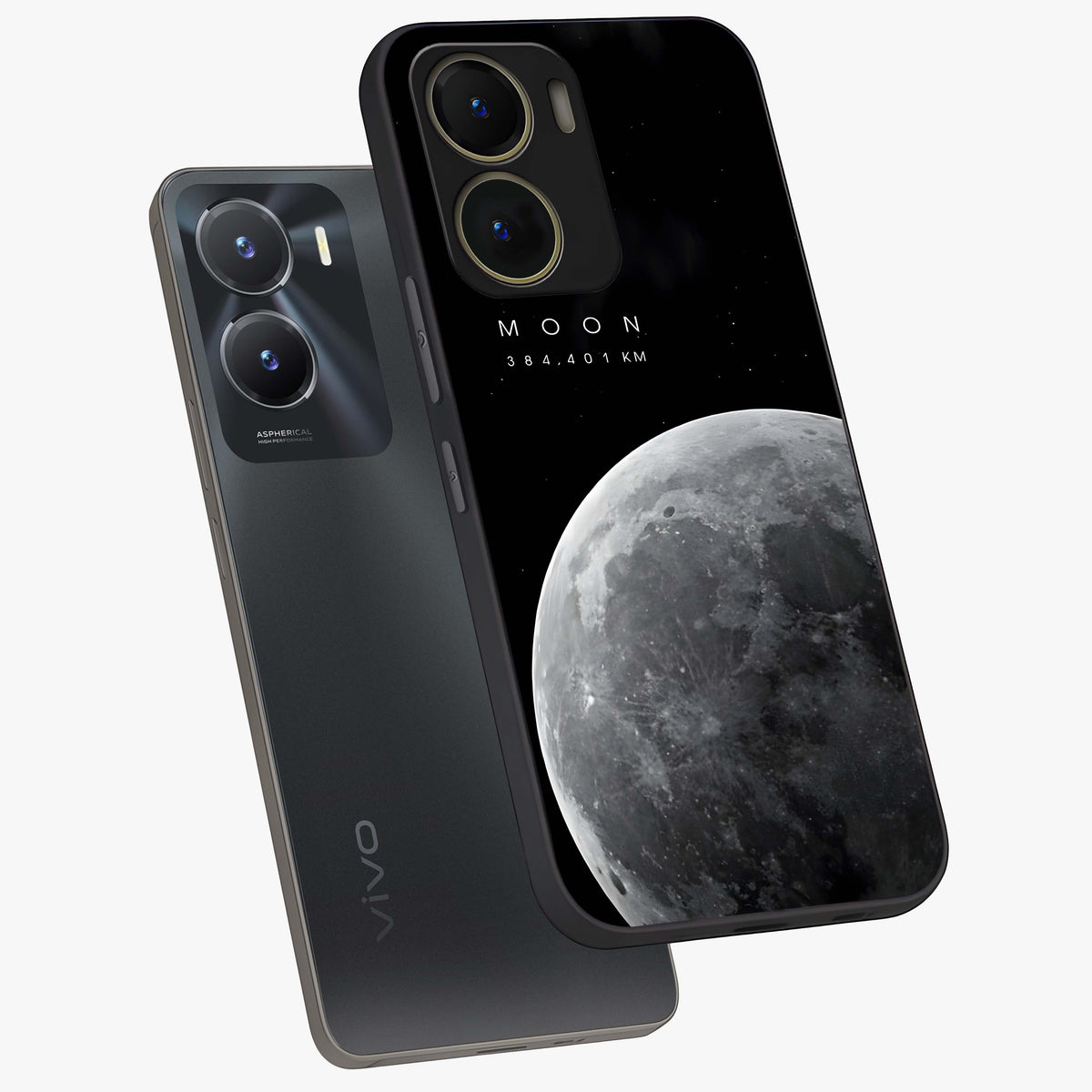 Cosmic Moon Glow Glass Case displayed in angled mockup highlighting celestial moon design with cosmic aesthetic theme.