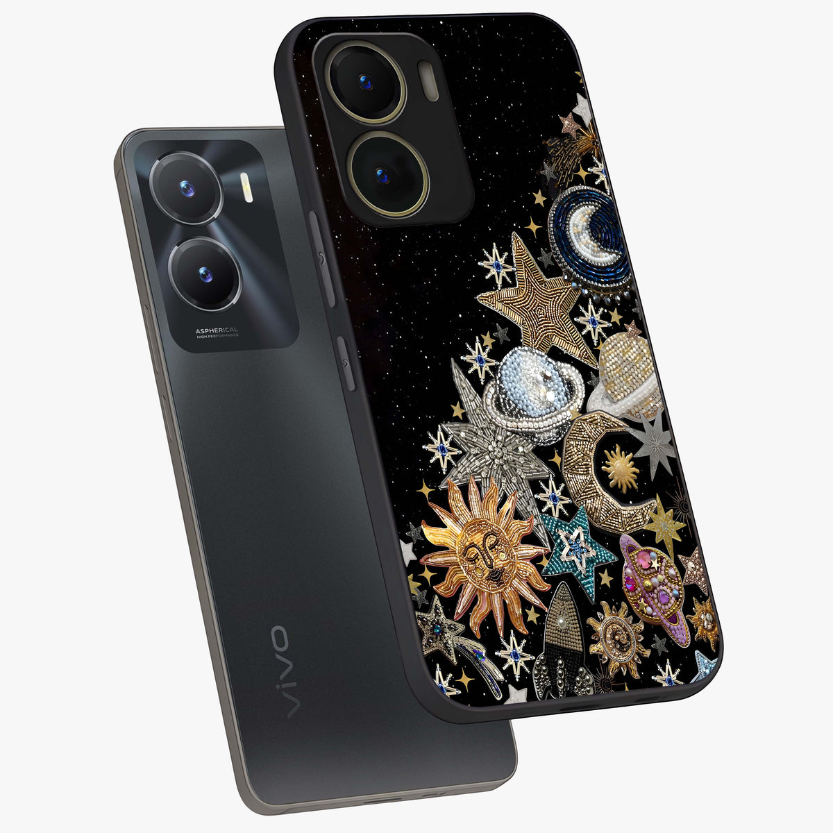 Cosmic Sparkle Dreams Glass Case displayed in angled mockup highlighting dreamy star sparkle design with celestial aesthetic.