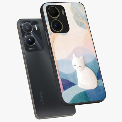 Cotton Dream Cat Glass Case displayed in angled mockup highlighting cute feline illustration with pastel aesthetic style.