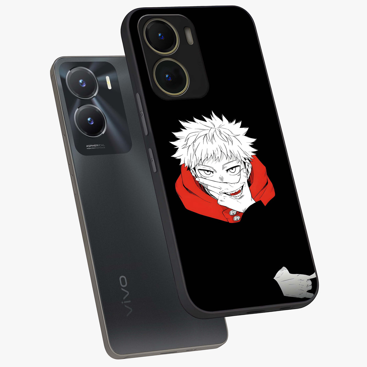 Crimson Chaos Smile Glass Case displayed in angled mockup highlighting edgy crimson smile design with graphic aesthetic.