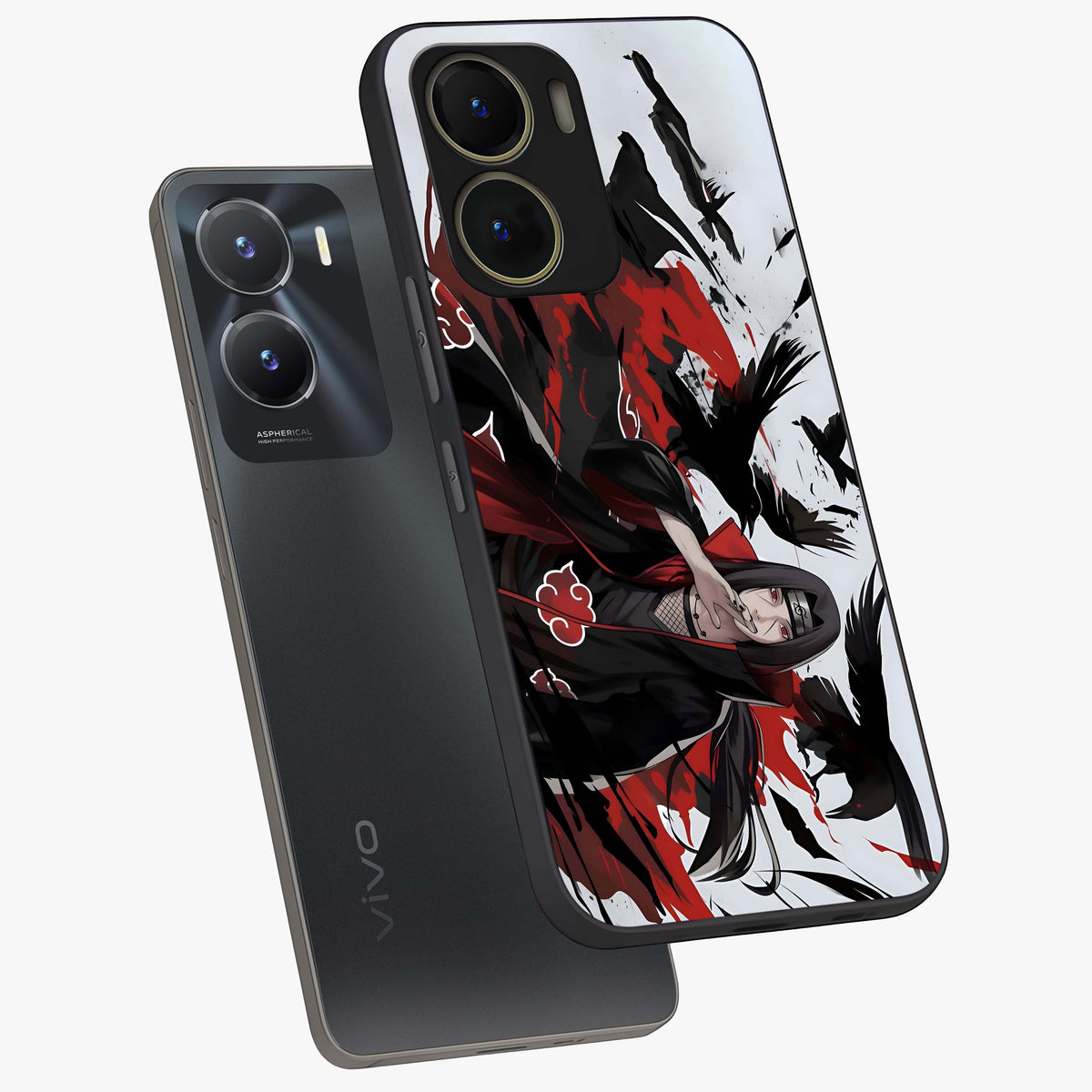 Crimson Crow Illusion Glass Case displayed in angled mockup highlighting mysterious crow graphic with dark aesthetic style.