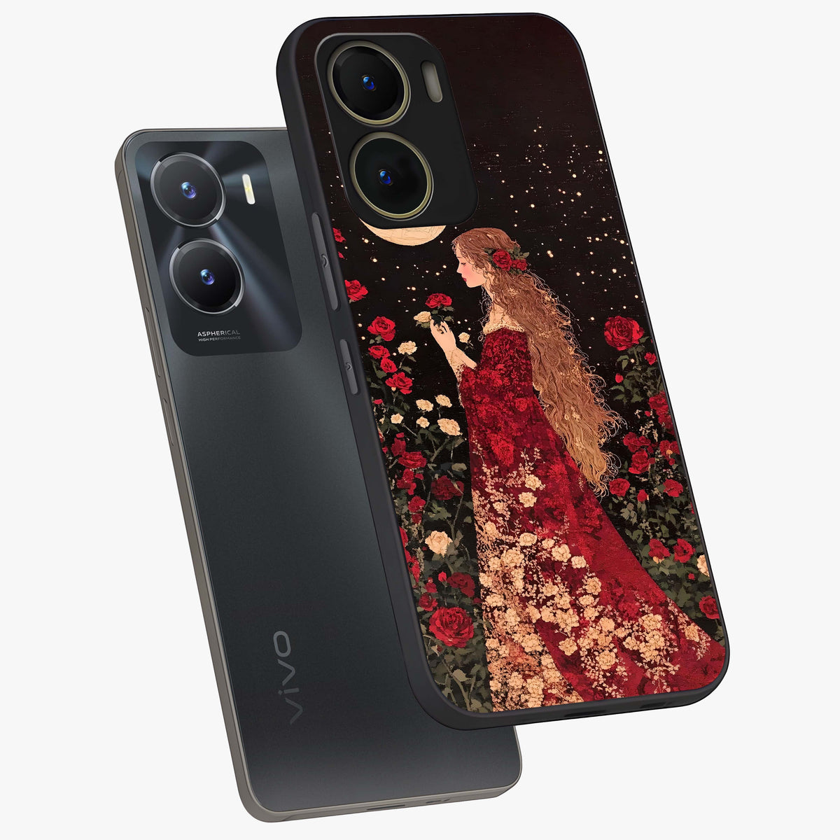 Crimson Dreams Glass Case displayed in angled mockup highlighting soft crimson aesthetic design with artistic theme.