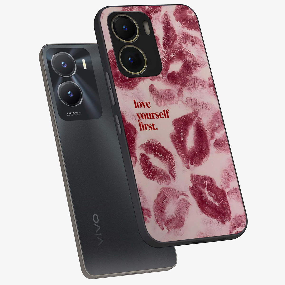 Crimson Kiss Love Glass Case displayed in angled mockup highlighting bold love inspired design with modern aesthetic style.