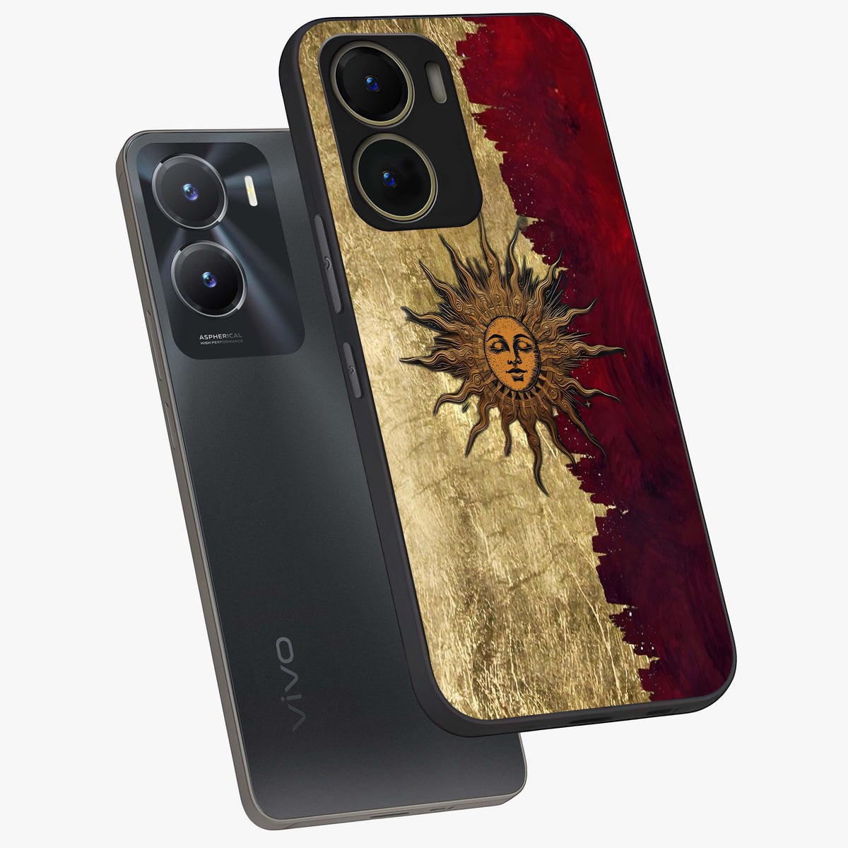 Crimson Sun Majesty Glass Case displayed in angled mockup highlighting majestic crimson sun design with bold aesthetic style.