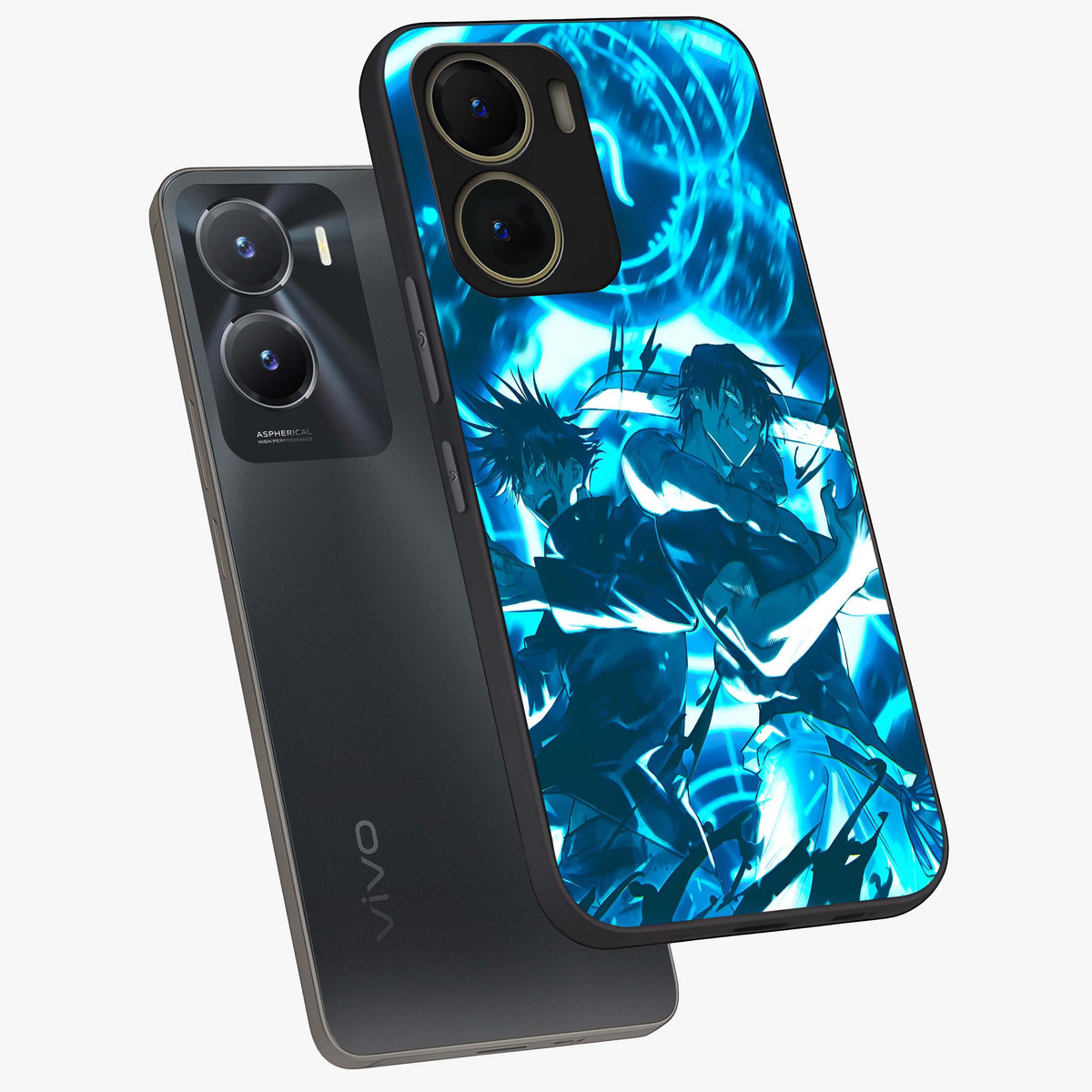 Cursed Energy Clash Glass Case displayed in angled mockup highlighting powerful battle inspired graphic with anime style aesthetic.