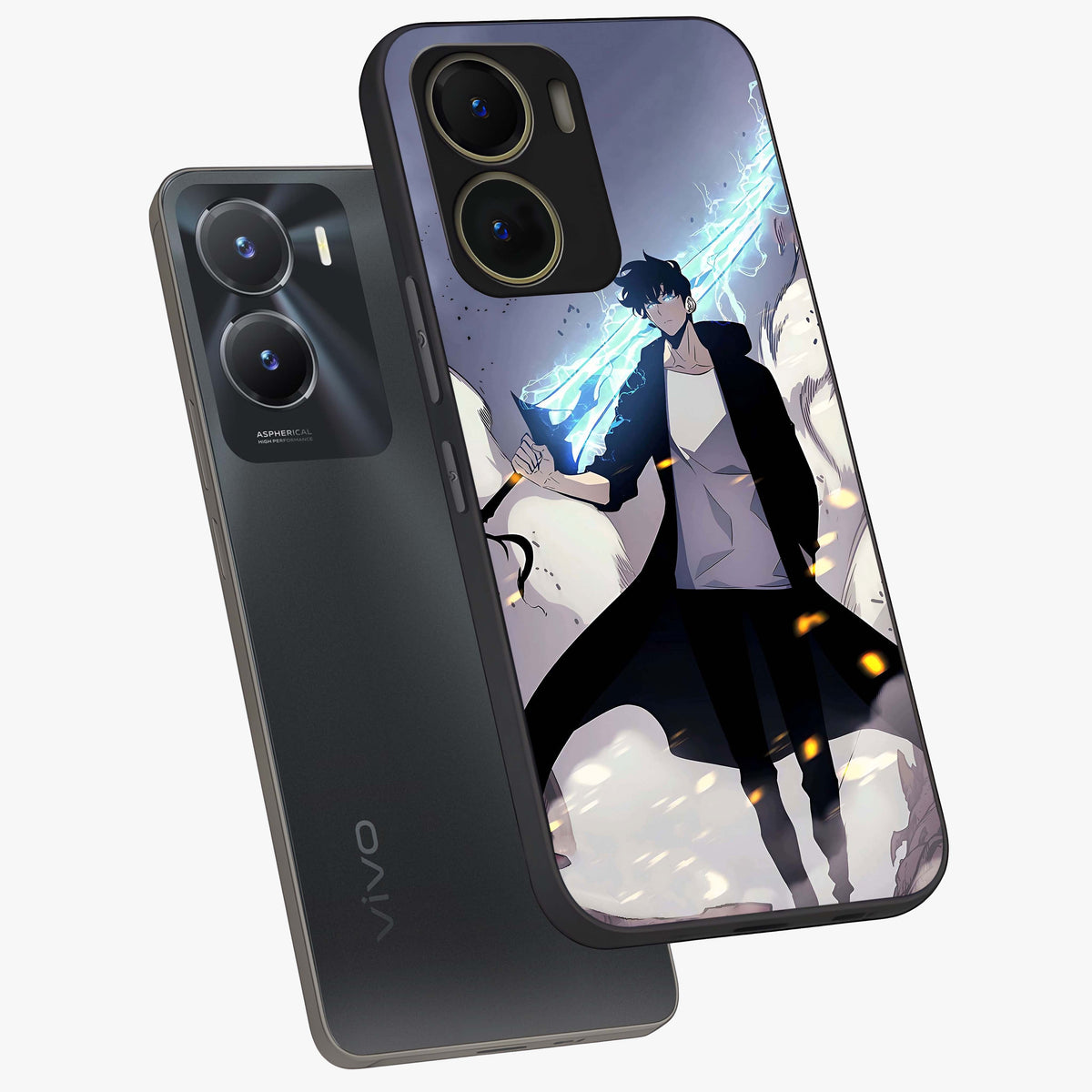 Dark Lightning Anime Warrior Glass Case displayed in angled mockup highlighting powerful lightning themed anime illustration.