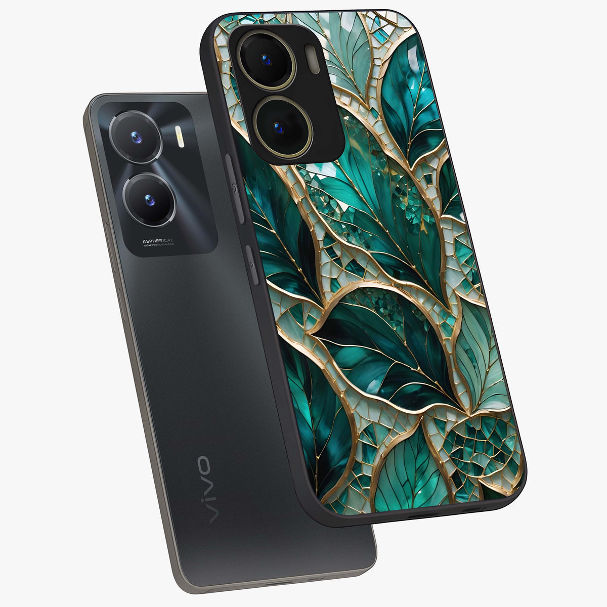 Emerald Leaf Glass Glass Case displayed in angled mockup highlighting botanical leaf illustration with elegant natural aesthetic.