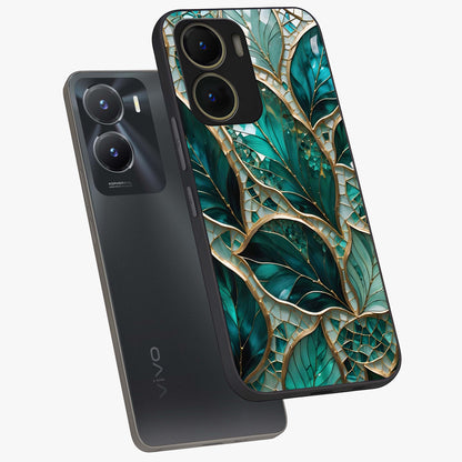 Emerald Leaf Glass Glass Case displayed in angled mockup highlighting botanical leaf illustration with elegant natural aesthetic.