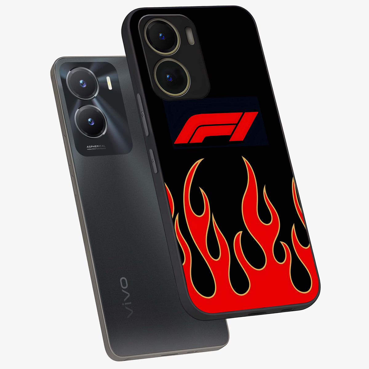 Fire F11 Glass Case displayed in angled mockup highlighting bold fire inspired graphic with energetic aesthetic style.
