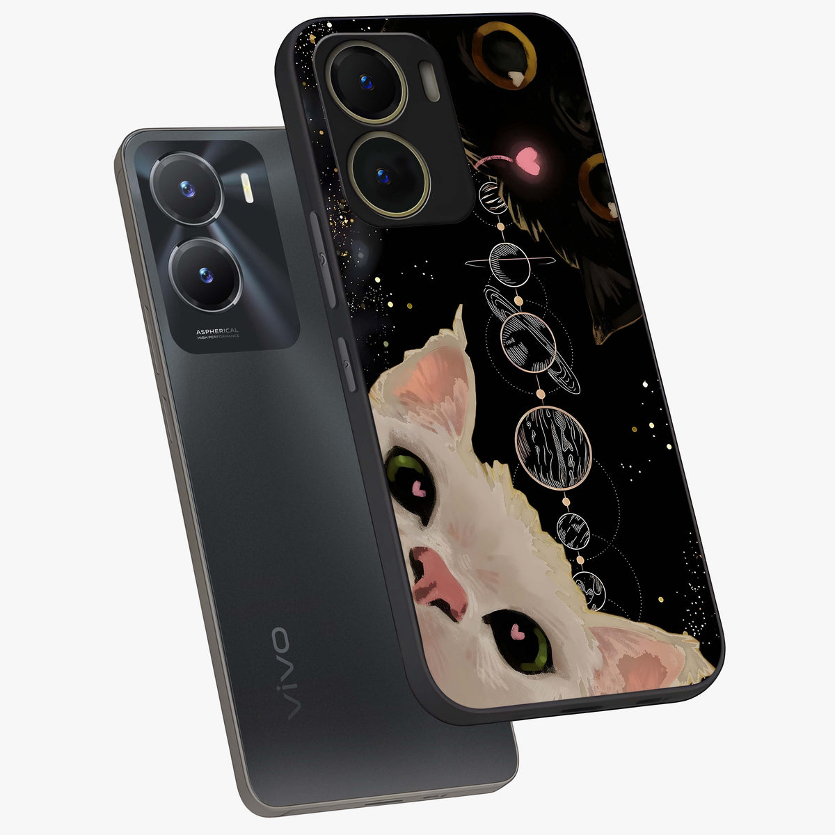 Galactic Cat Glass Case displayed in angled mockup highlighting celestial feline illustration with galaxy aesthetic style.