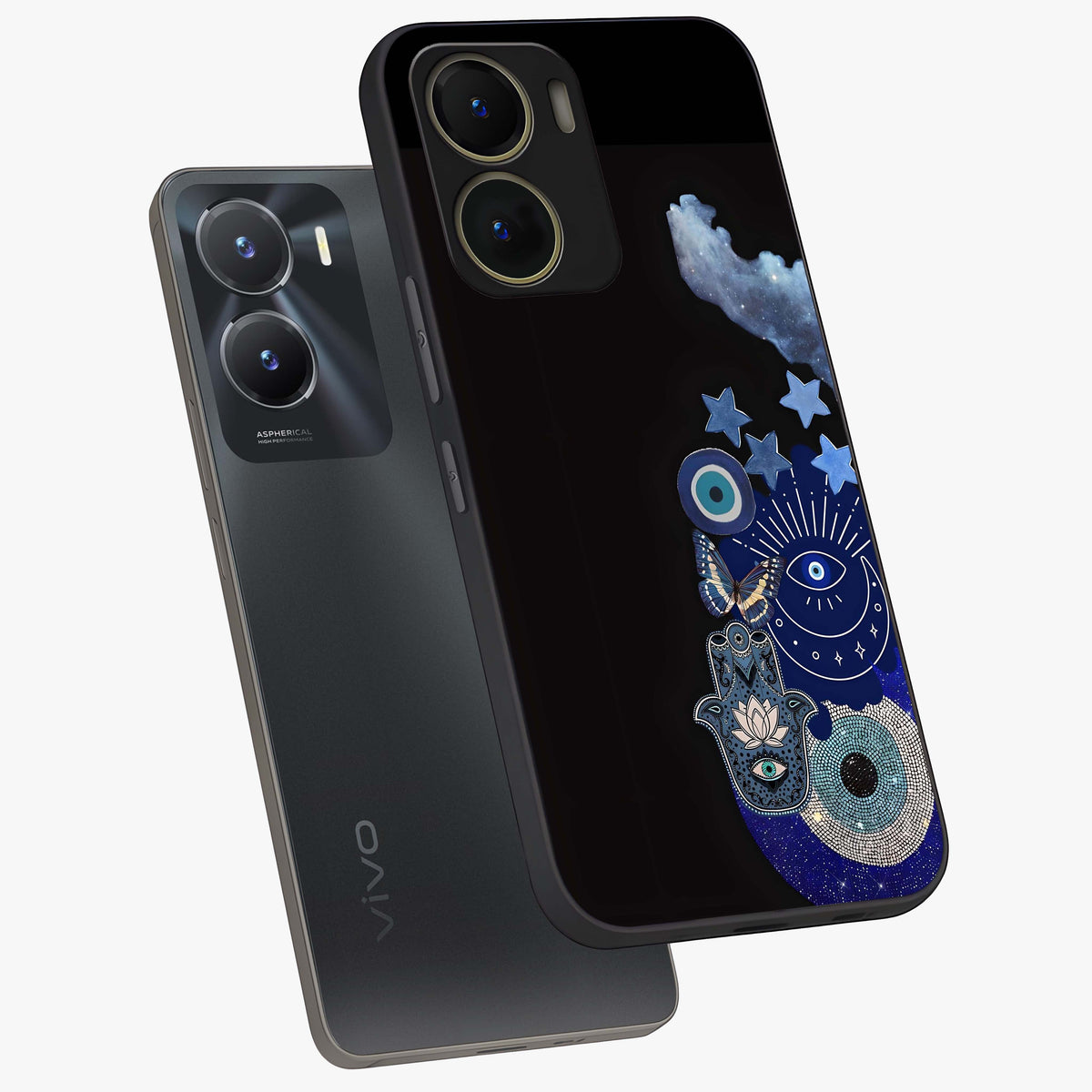Galactic Charm Cluster Glass Case displayed in angled mockup highlighting luminous galaxy inspired design with dreamy aesthetic.