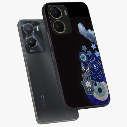 Galactic Charm Cluster Glass Case displayed in angled mockup highlighting luminous galaxy inspired design with dreamy aesthetic.