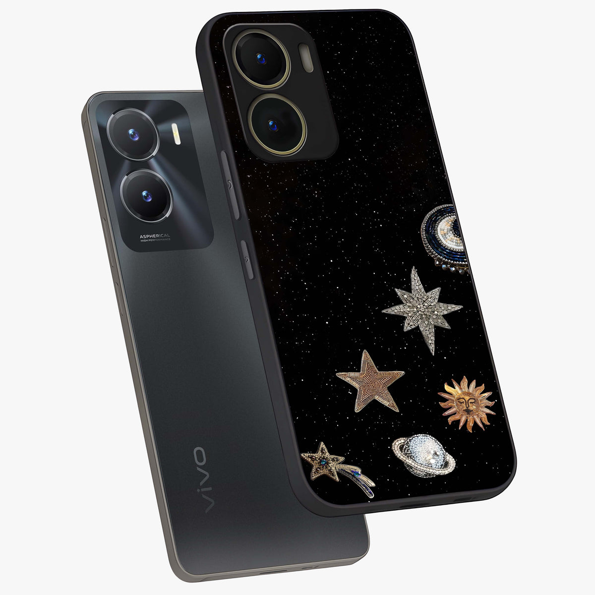 Galactic Charm Glow Glass Case displayed in angled mockup highlighting luminous galaxy inspired design with dreamy aesthetic.