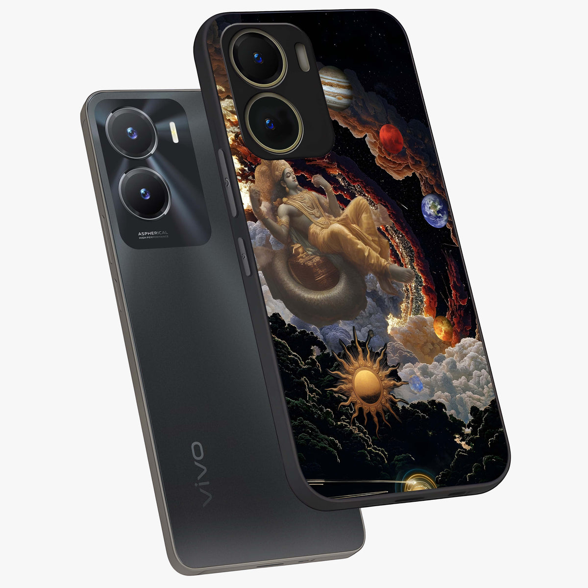 Galactic Divine God Glass Case displayed in angled mockup highlighting powerful celestial deity illustration with galactic aesthetic.