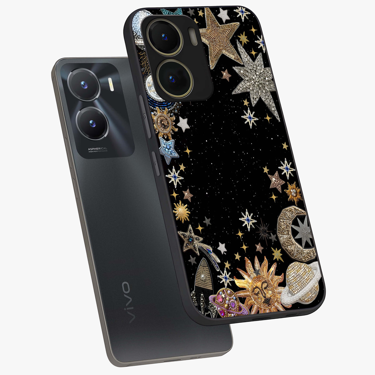 Galactic Jewel Stars Glass Case displayed in angled mockup highlighting shining celestial star design with cosmic aesthetic style.