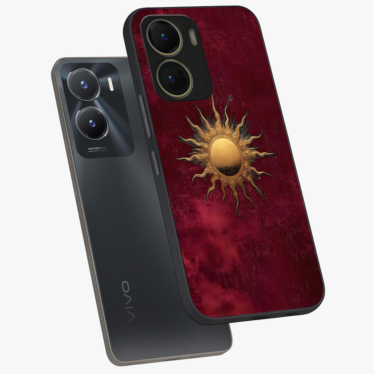 Golden Sun Minimalism Glass Case displayed in angled mockup highlighting clean sun symbol design with modern minimal aesthetic.
