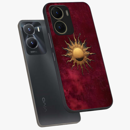 Golden Sun Minimalism Glass Case displayed in angled mockup highlighting clean sun symbol design with modern minimal aesthetic.