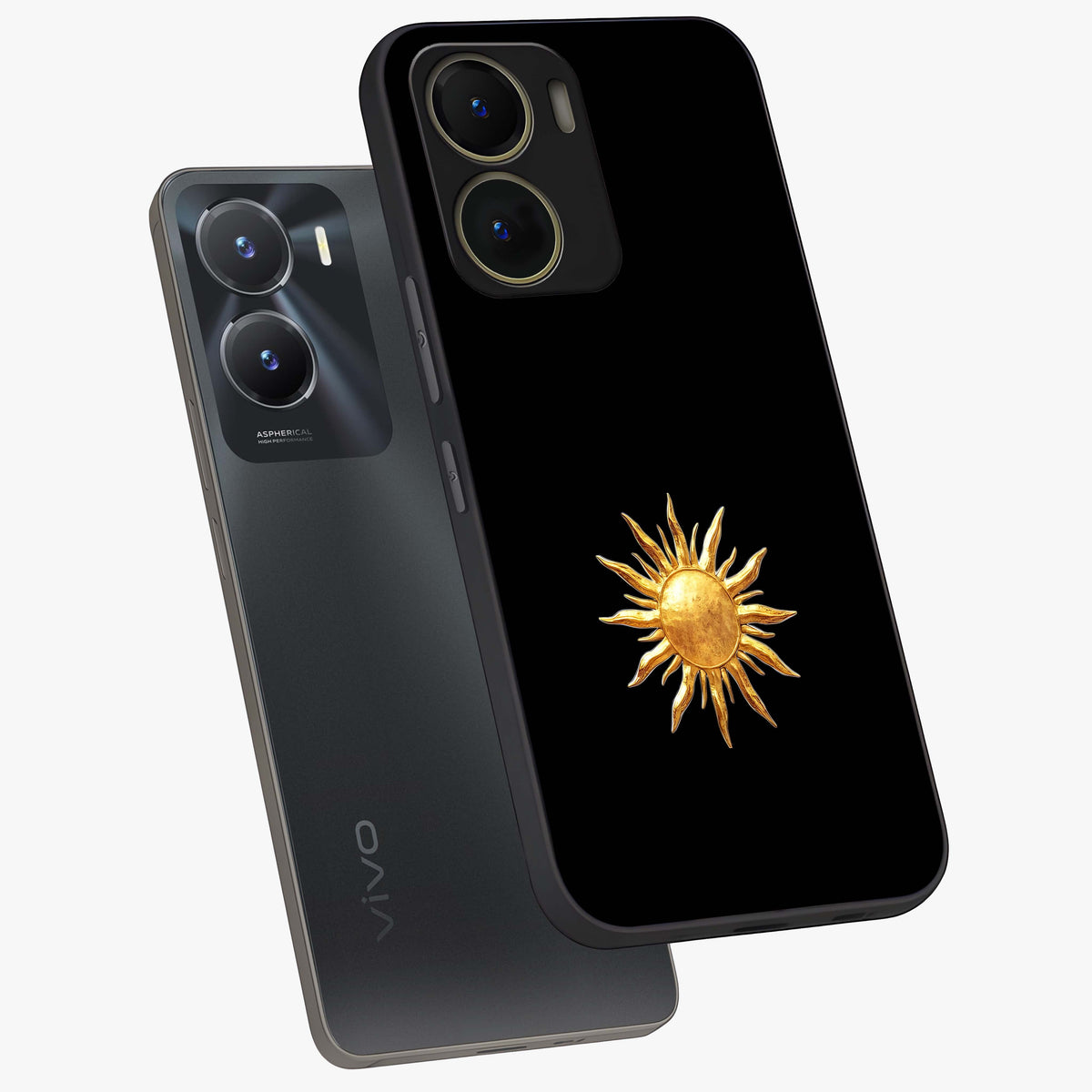 Golden Sun Minimalism Glass Case displayed in angled mockup highlighting eerie shadow illustration with gothic aesthetic.