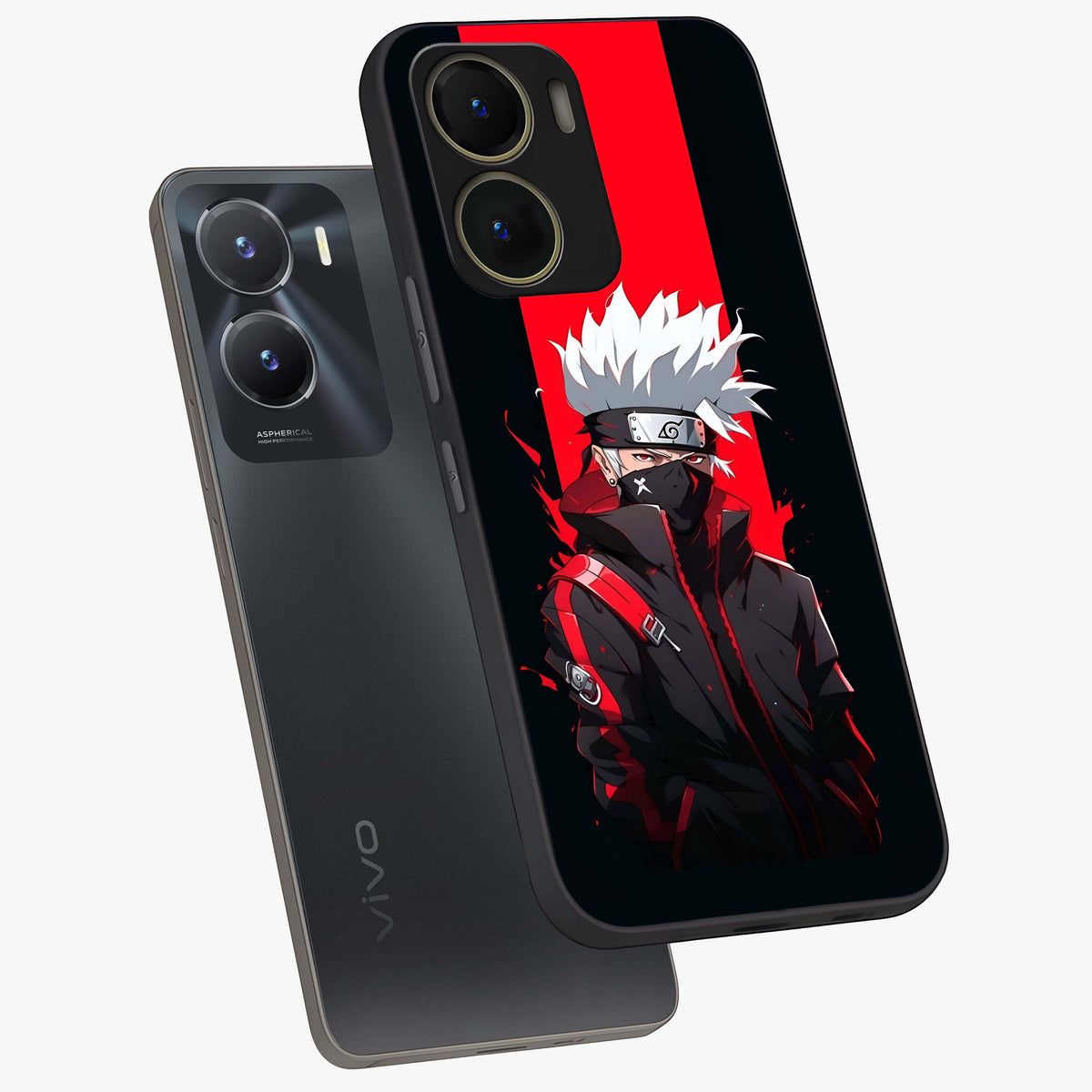 Kakashi Scarlet Shadow Glass Case displayed in angled mockup highlighting dramatic ninja illustration with scarlet themed aesthetic.
