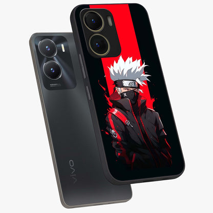 Kakashi Scarlet Shadow Glass Case displayed in angled mockup highlighting dramatic ninja illustration with scarlet themed aesthetic.