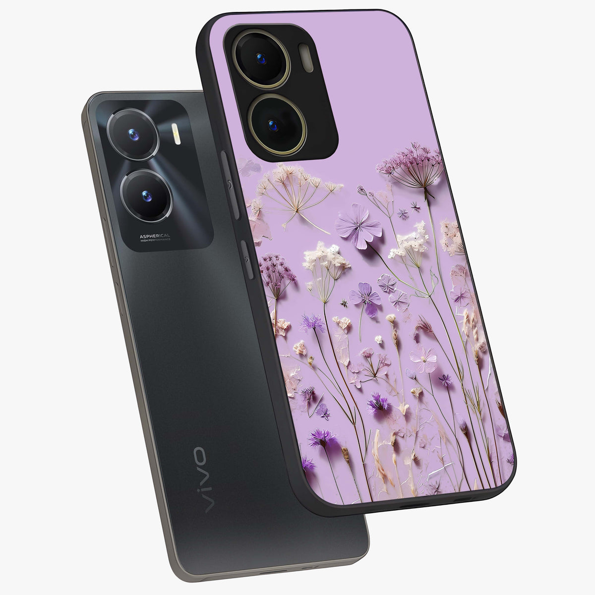 Lavender Blossom Dream Glass Case displayed in angled mockup highlighting dreamy lavender flower design with calming aesthetic style.