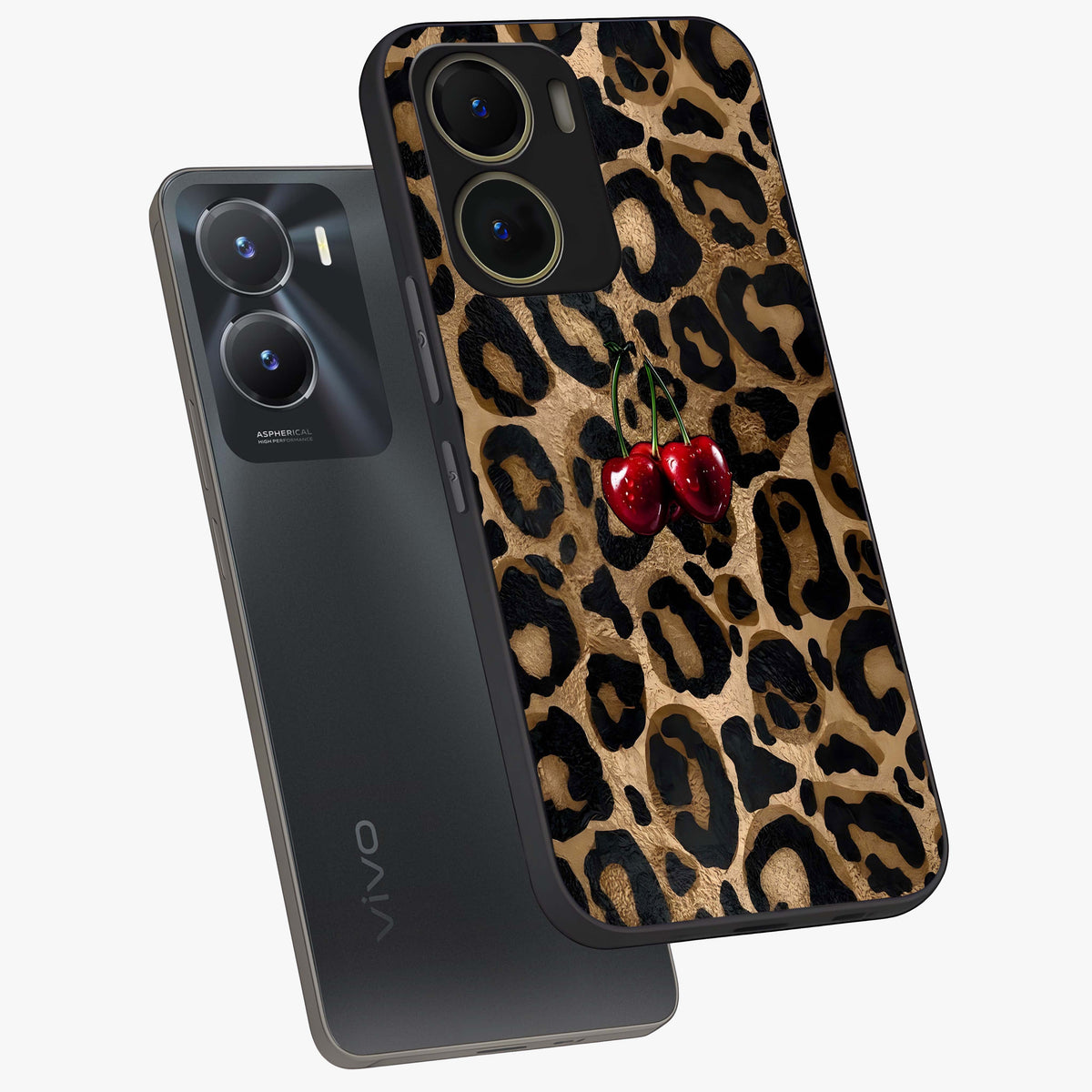 Leopard Wild Cherry Glass Case displayed in angled mockup highlighting bold animal print design with playful cherry aesthetic.