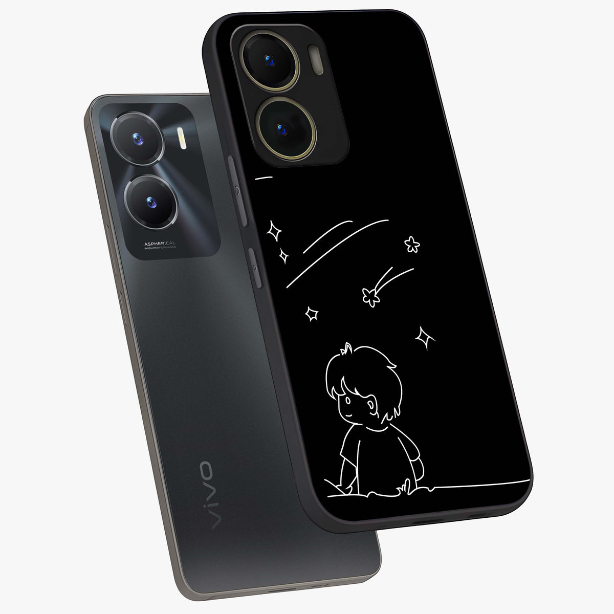 Line Art Boy With Shooting Stars Glass Case displayed in angled mockup highlighting elegant line art design with dreamy star aesthetic.