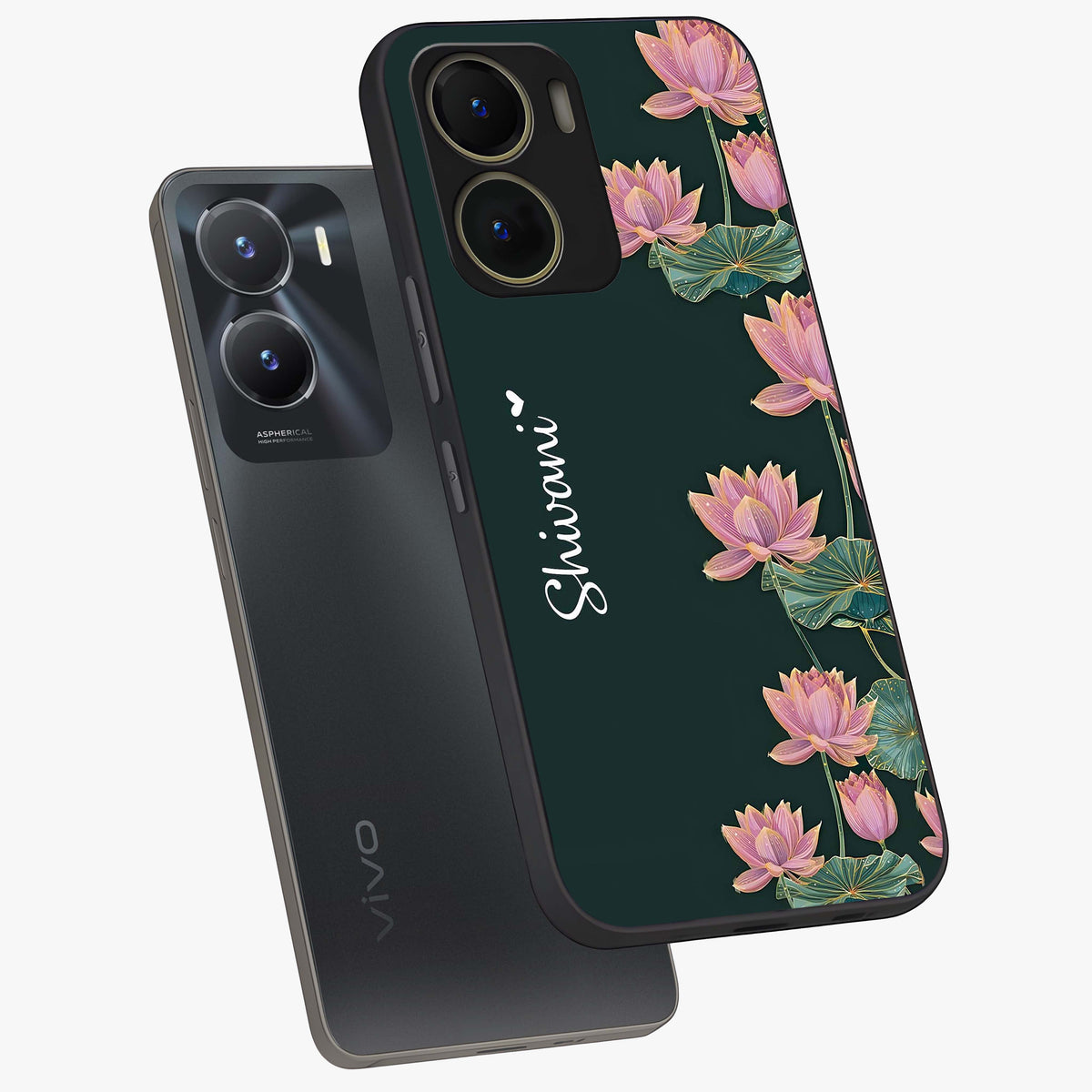Lotus Bloom Serenity Custom Name Glass Case displayed in angled mockup highlighting graceful lotus illustration with custom name feature.