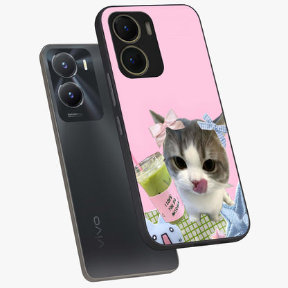 Love Matcha Cat Glass Case displayed in angled mockup highlighting playful feline illustration with cozy matcha aesthetic.