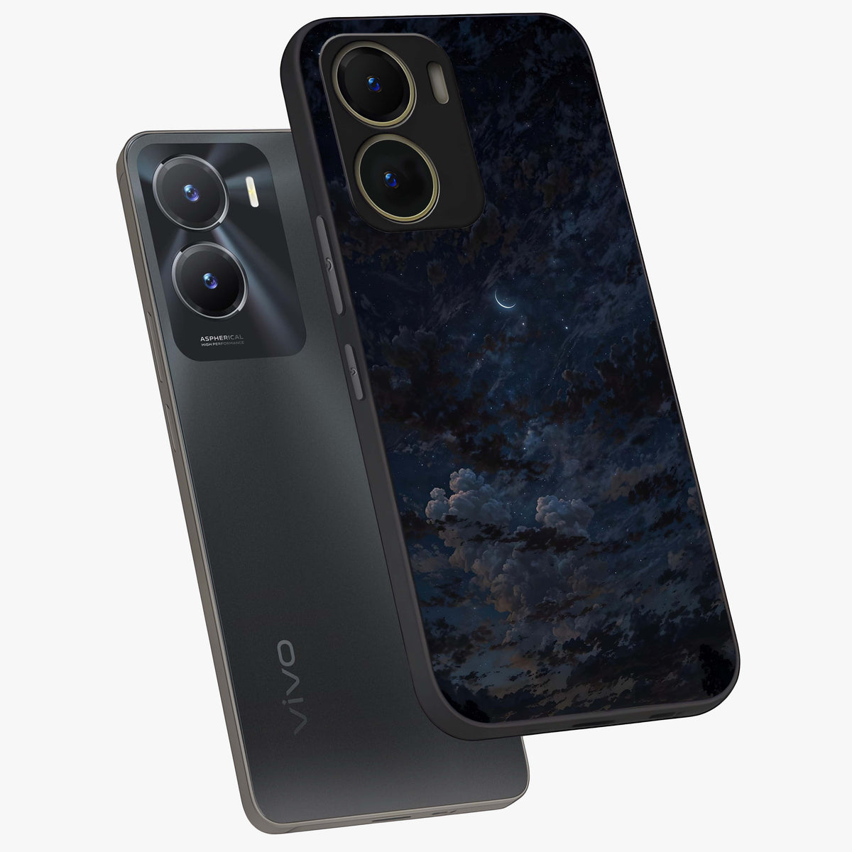 Lunar Veil Silence Glass Case displayed in angled mockup highlighting soft lunar design with peaceful celestial aesthetic.