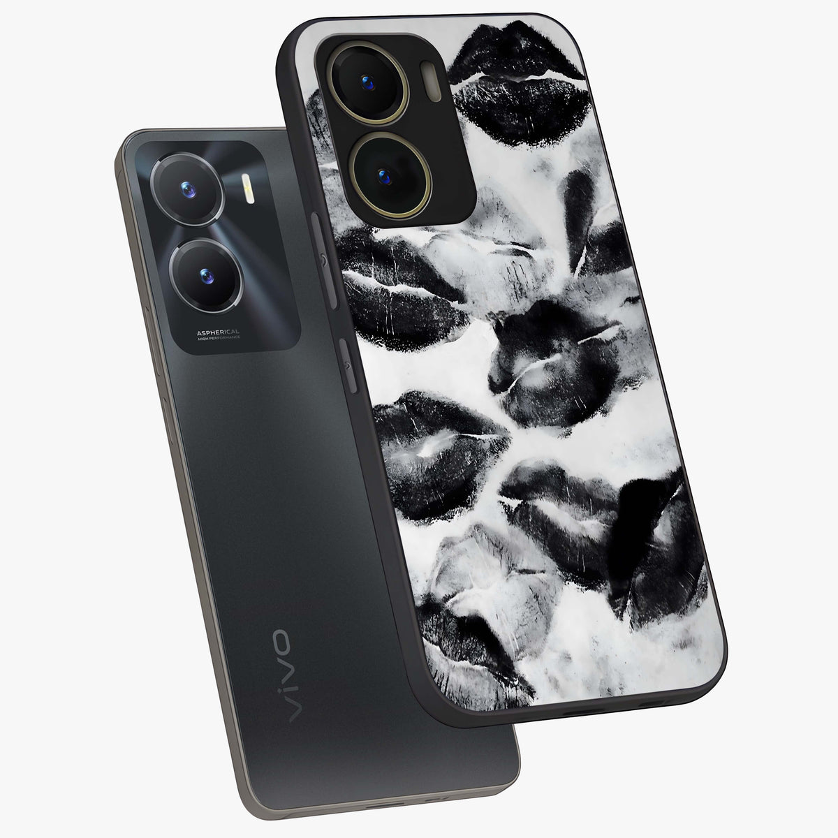 Midnight Kiss Marks Glass Case displayed in angled mockup highlighting playful romantic design with bold midnight aesthetic.