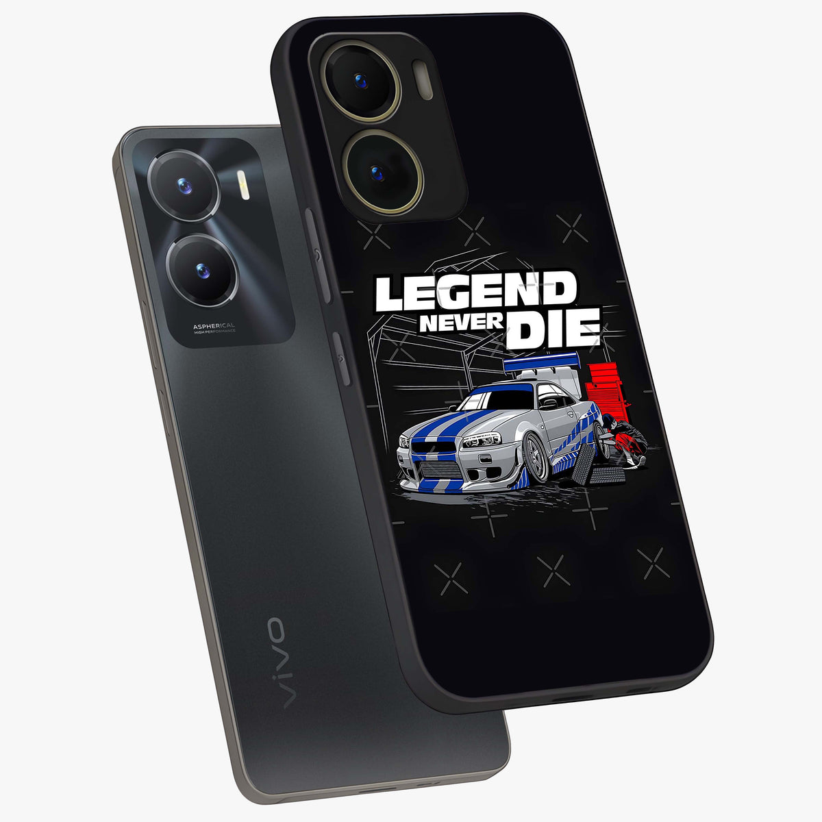 Midnight Racing Legacy Glass Case displayed in angled mockup highlighting dynamic automotive design with bold midnight aesthetic.