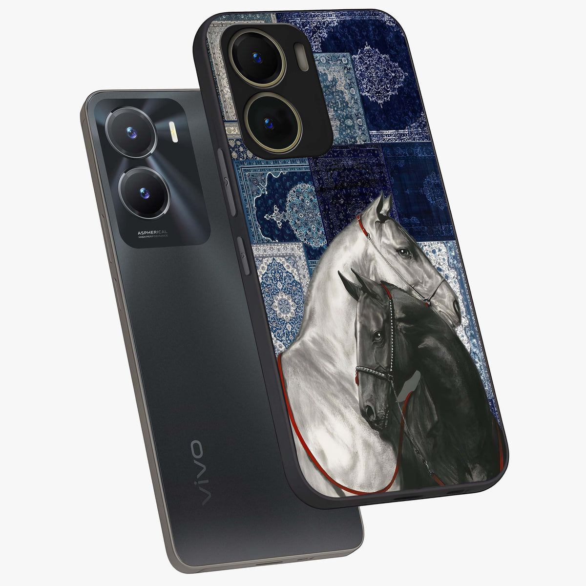 Midnight Stallion Blues Glass Case displayed in angled mockup highlighting powerful stallion illustration with deep midnight tones.