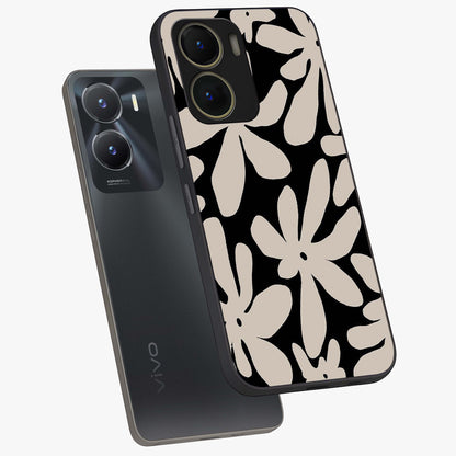 Monochrome Petal Dance Glass Case displayed in angled mockup highlighting elegant petal design with black and white aesthetic.
