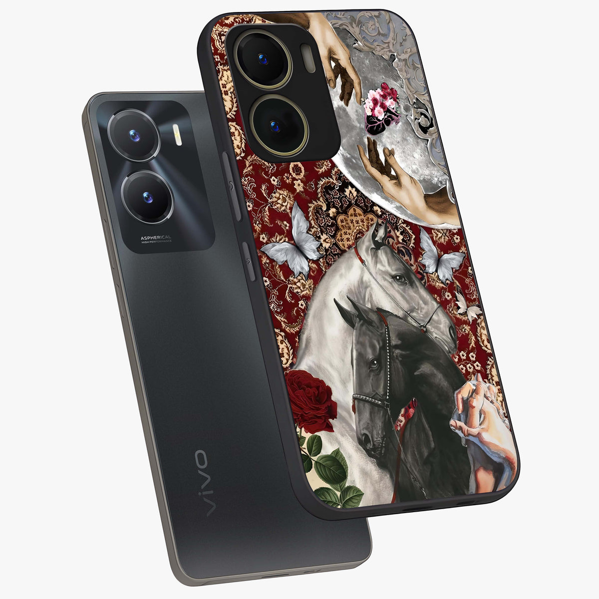 Moonlit Royal Stallion Glass Case displayed in angled mockup highlighting powerful stallion illustration with royal night aesthetic.