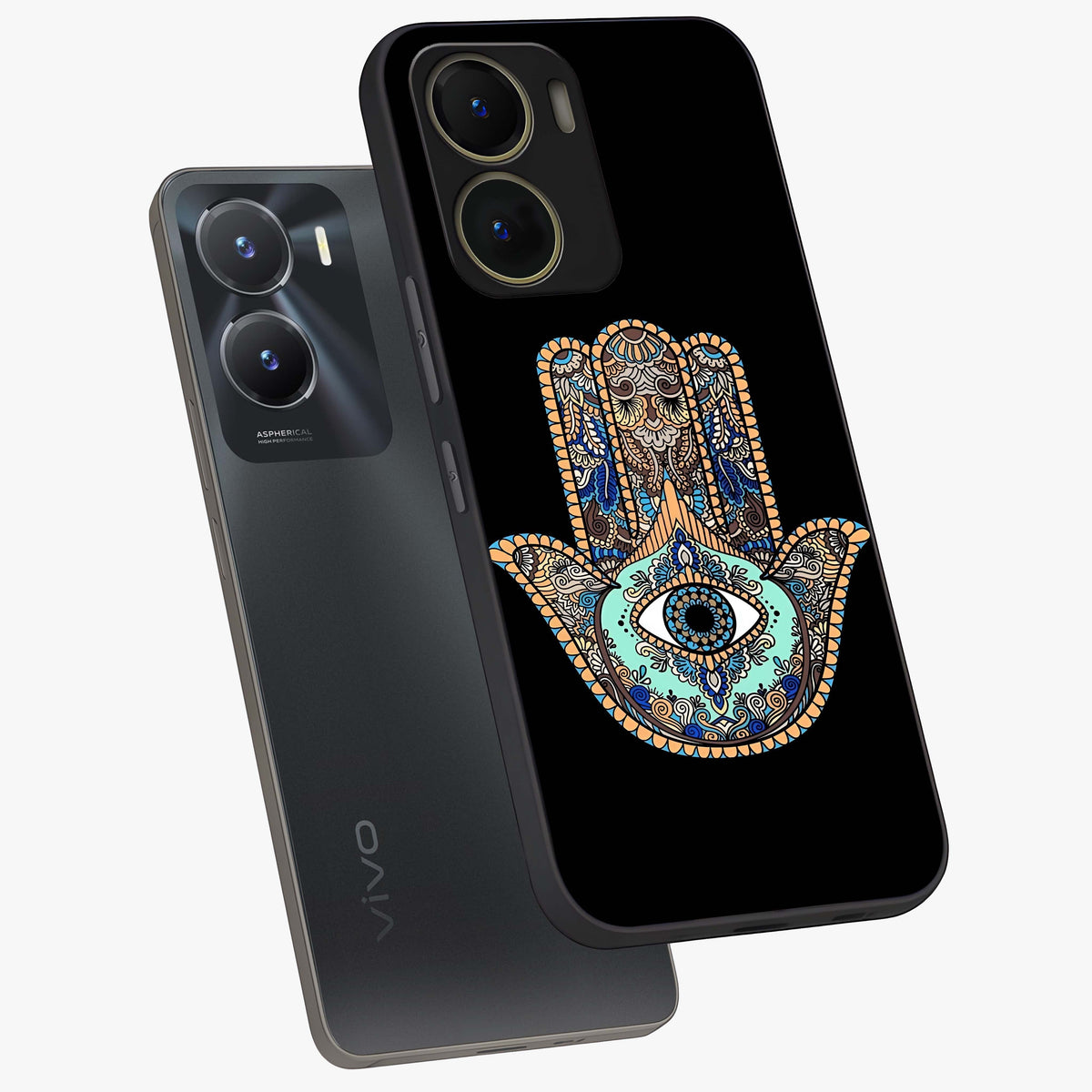 Mystic Hamsa Eye Glass Case displayed in angled mockup highlighting spiritual hamsa symbol with mystical aesthetic style.