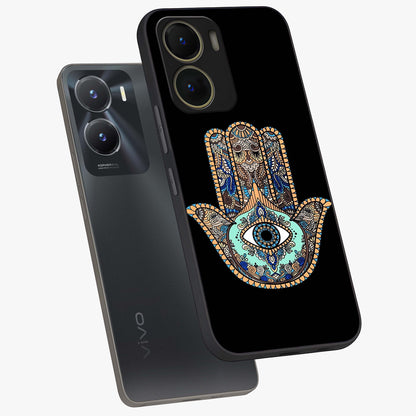 Mystic Hamsa Eye Glass Case displayed in angled mockup highlighting spiritual hamsa symbol with mystical aesthetic style.